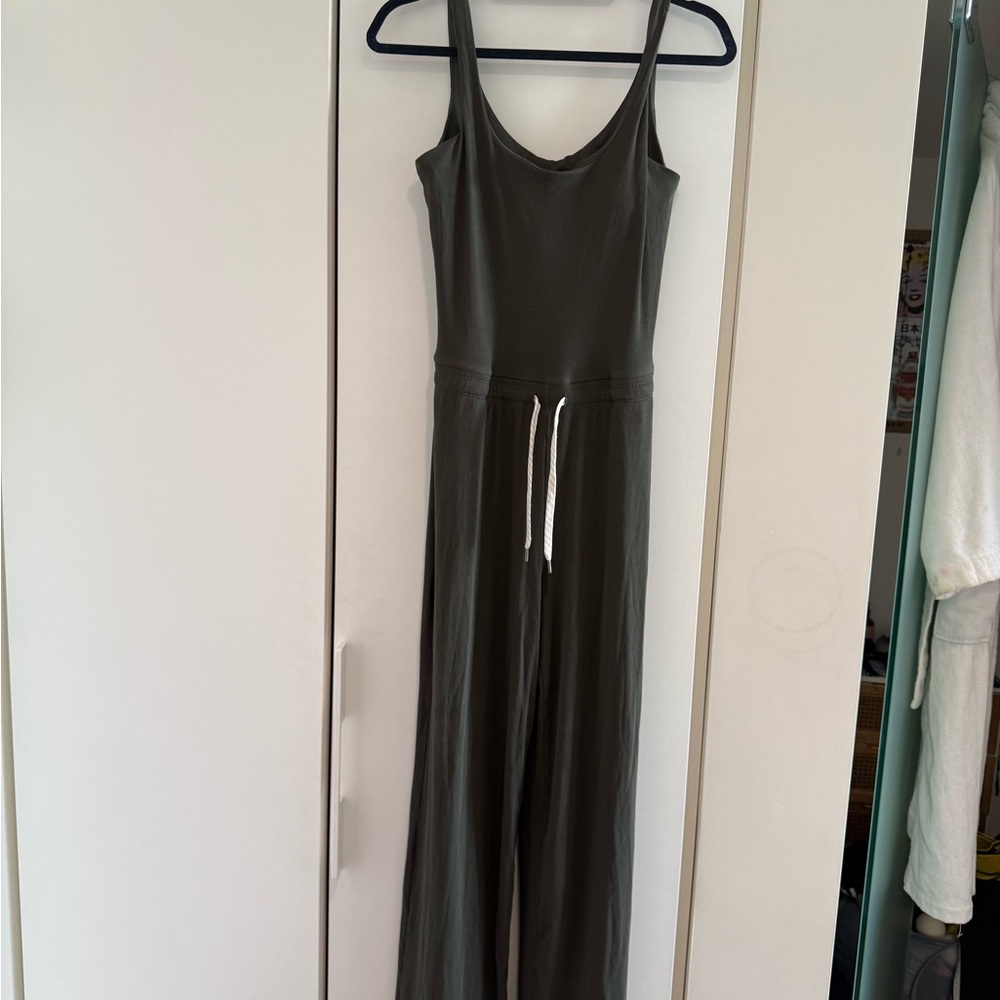 Vuori Pose Scoop Olive Green Sleeveless Jumpsuit with Drawstring